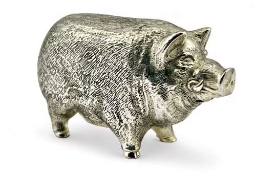 Pair of silver condiments styled as pigs, c 1960.