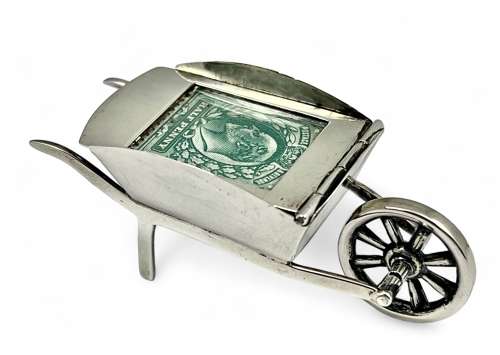 Edwardian antique silver wheel barrow stamp box, Birmingham 1907