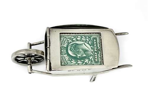 Edwardian antique silver wheel barrow stamp box, Birmingham 1907