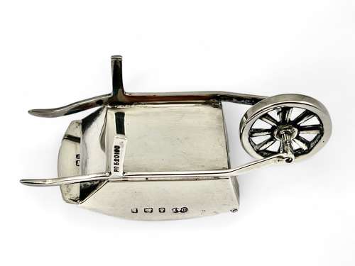 Edwardian antique silver wheel barrow stamp box, Birmingham 1907