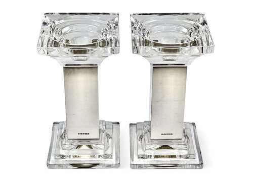 Elizabeth II large pair of silver and glass candle sticks, Sheffield