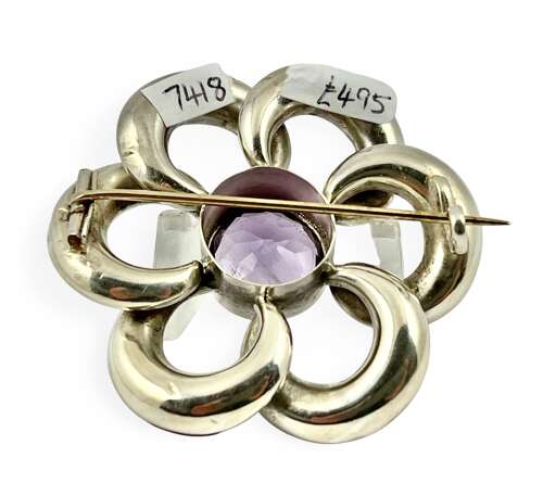 Victorian antique silver agate and amethyst brooch, c.1880