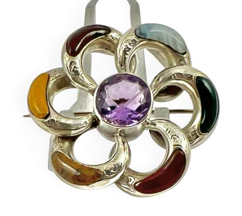 Victorian antique silver agate and amethyst brooch, c.1880