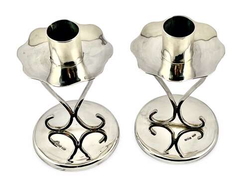 Elizabeth II pair of Scottish art nouveau silver candlesticks, Edinburgh 1997