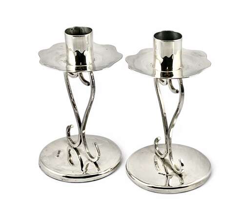 Elizabeth II pair of Scottish art nouveau silver candlesticks, Edinburgh 1997