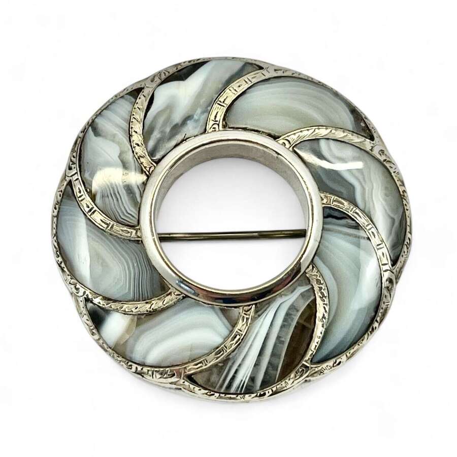 Victorian antique silver and Montrose agate circulas brooch, c.1880