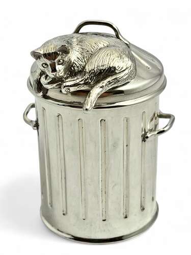 Elizabeth II silver Dustbin and cats condiment set, Garrards London 1995