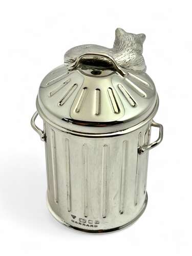 Elizabeth II silver Dustbin and cats condiment set, Garrards London 1995