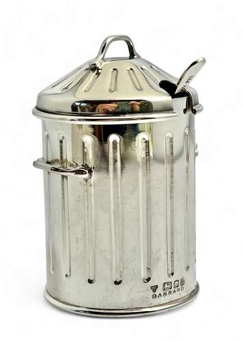Elizabeth II silver Dustbin and cats condiment set, Garrards London 1995