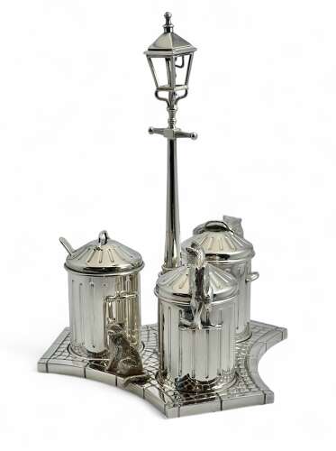 Elizabeth II silver Dustbin and cats condiment set, Garrards London 1995