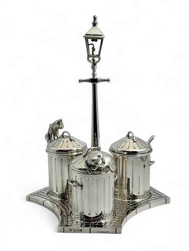 Elizabeth II silver Dustbin and cats condiment set, Garrards London 1995