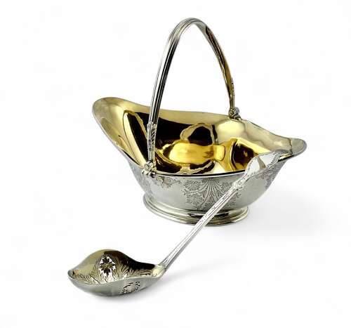 Victorian antique silver sugar bowl and sifter spoon set, London 1883