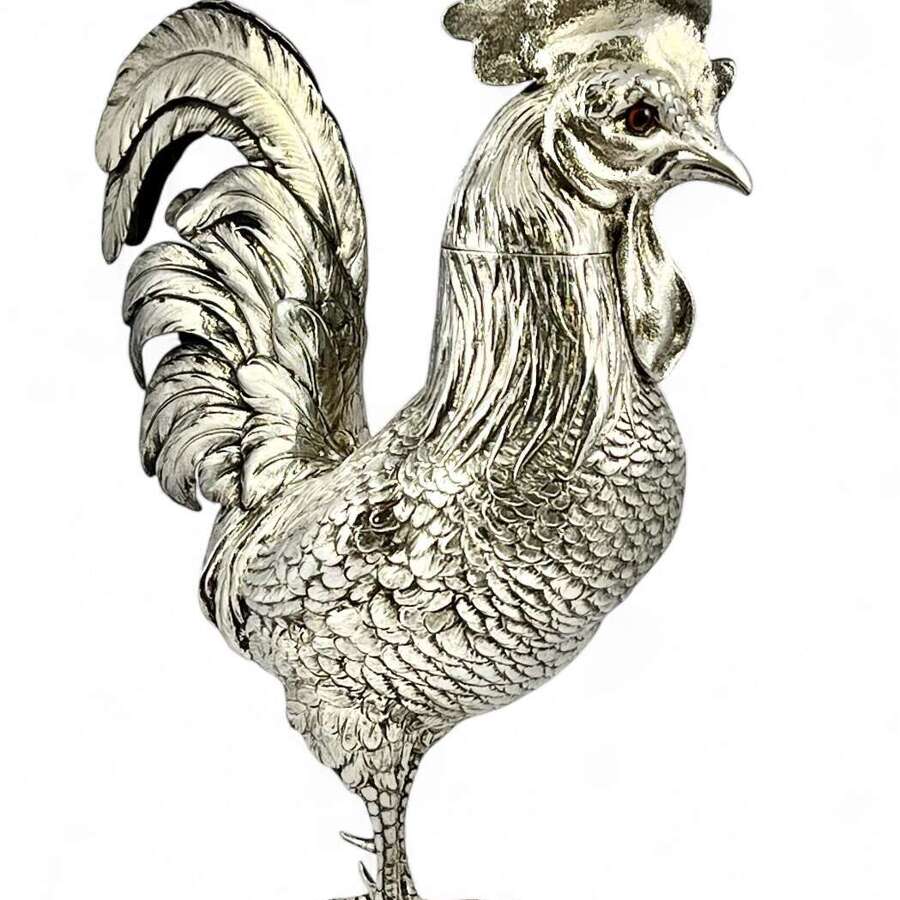 Late Victorian antique silver cockerel statue, Hanau c.1900
