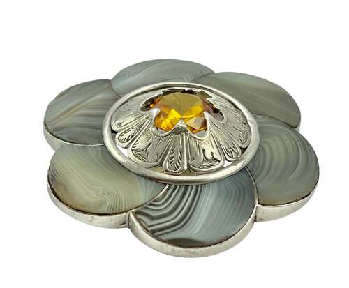Victorian silver Montrose agate and citrine brooch c.1880