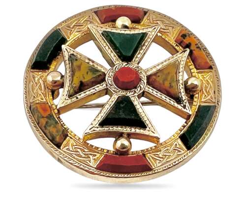 Victorian antique gold and agate Scottish brooch. c.1880