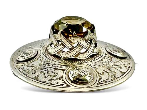 Victorian antique large silver and citrine plaid brooch, Edinburgh 1900