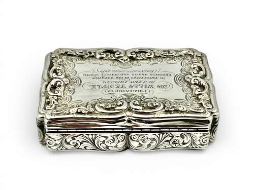 Victorian antique silver table presentation snuff box, Nathaniel Mills 1846