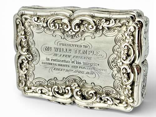 Victorian antique silver table presentation snuff box, Nathaniel Mills 1846