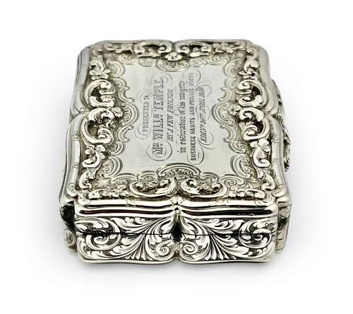 Victorian antique silver table presentation snuff box, Nathaniel Mills 1846