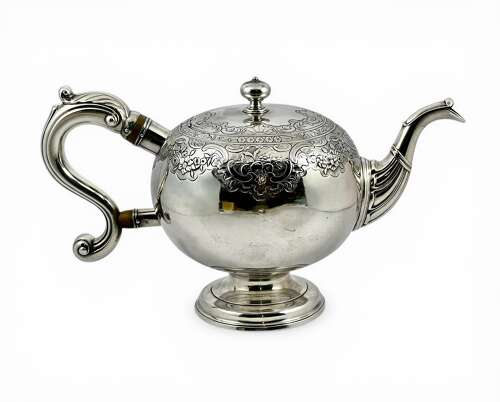 George II Scottish antique silver bullet teapot, Edinburgh 1742.