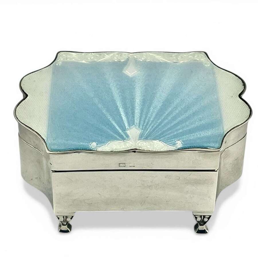 Art Deco antique silver and blue enamel jewellery box, Birmingham 1934
