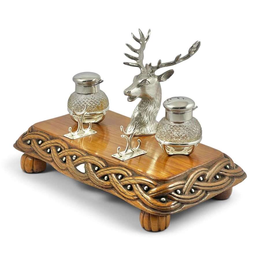 Victorian antique Scottish silver and oak inkstand, Inverness c.1890