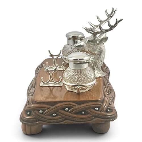 Victorian antique Scottish silver and oak inkstand, Inverness c.1890