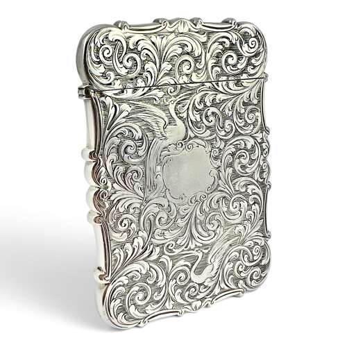 Victorian antique silver castle top engraved card case. Nathaniel Mills 1843