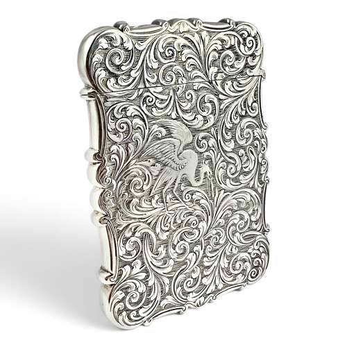Victorian antique silver castle top engraved card case. Nathaniel Mills 1843