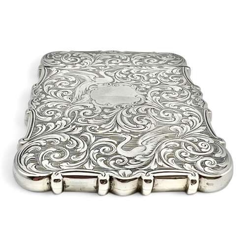 Victorian antique silver castle top engraved card case. Nathaniel Mills 1843