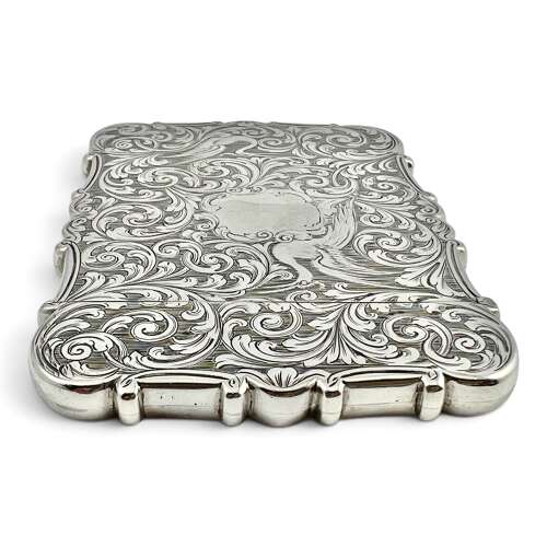 Victorian antique silver castle top engraved card case. Nathaniel Mills 1843
