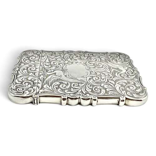 Victorian antique silver castle top engraved card case. Nathaniel Mills 1843