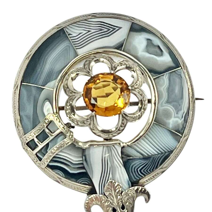 Victorian antique silver, Montrose agate and citrine brooch, c.1880