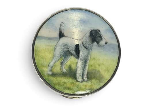 Elizabeth II silver and enamel Fox Terrier compact, Birmingham 1929