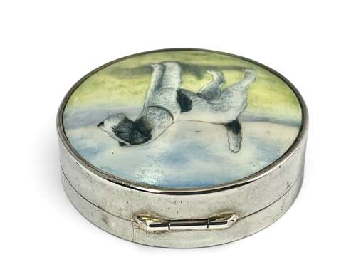 Elizabeth II silver and enamel Fox Terrier compact, Birmingham 1929