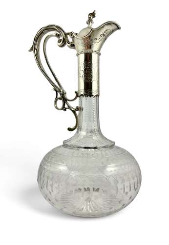 Victorian antique silver and engraved glass decanter, London 1868