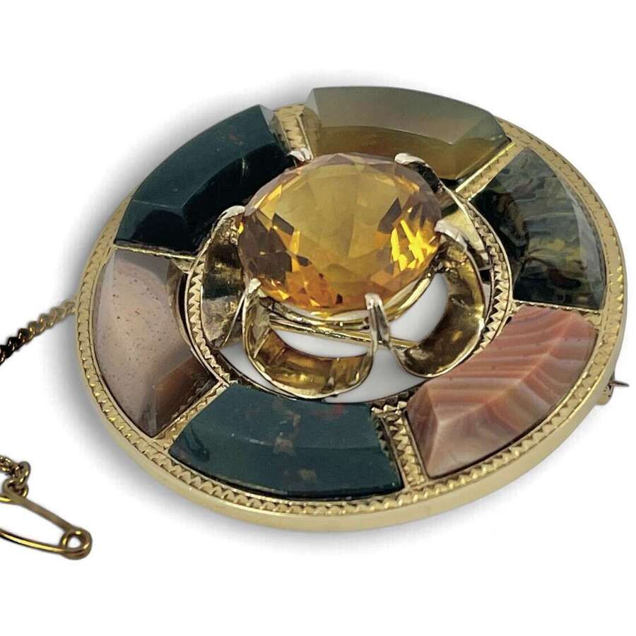 Victorian antique 18ct gold, citrine and agate brooch, c.1880